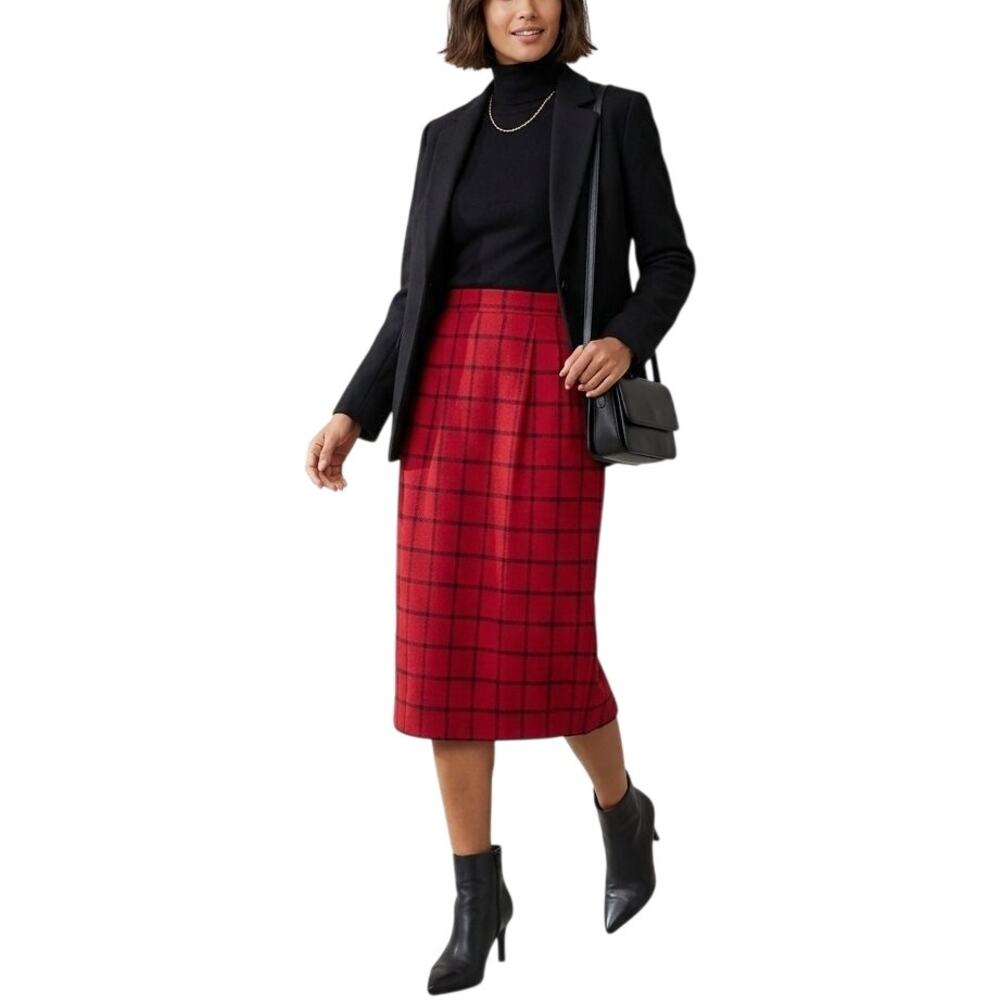 VTG CORBIN LTD 100% Wool Graph Plaid Midi Skirt Pockets Red Black SZ 8